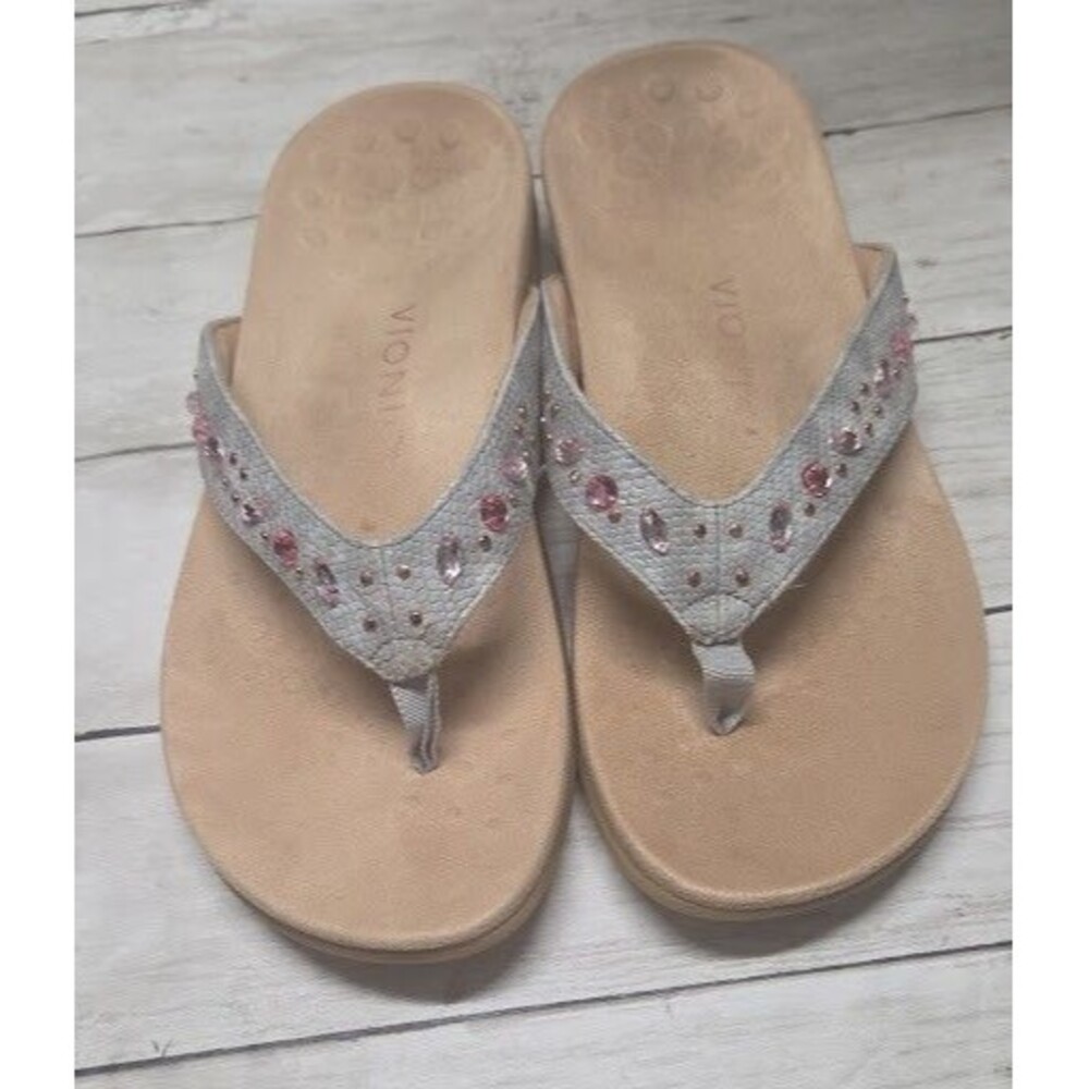 Vionic Womens Lucia Snake Print Rhinestone Orthotic Thong Sandals Gray Pink 9 W
